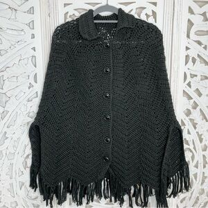 Vintage Hand-knit Black Open Stitch Poncho